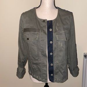 Free People Army Green and Navy Patched Distressed Jacket Women’s Size M